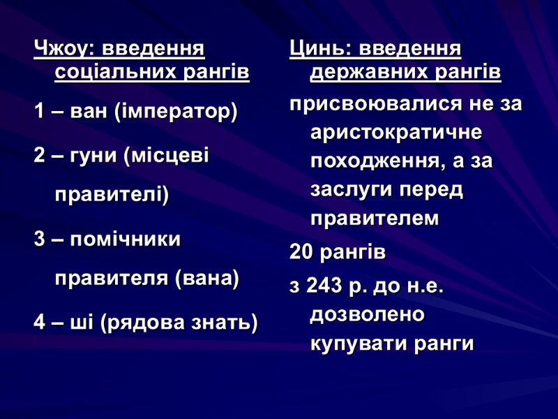 Чжоу: введення соціальних рангів 1 – ван (імператор) 2 – гуни (місцеві правителі) 